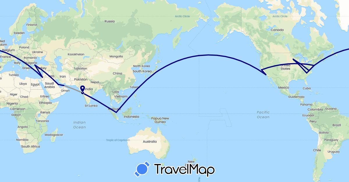 TravelMap itinerary: driving, bus, plane in United Arab Emirates, Bahrain, India, Jordan, Japan, Singapore, Turkey, United States (Asia, North America)